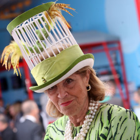 Lillian Frank  in a Kerry Stanley hat in the Emirates marquee in 2008 at the Melbourne Cup carnival.