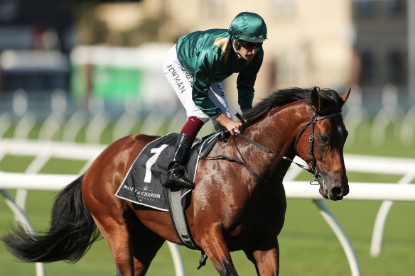 Hugh Bowman returns to scale after taking out the Champagne Stakes at Randwick aboard King's Legacy.
