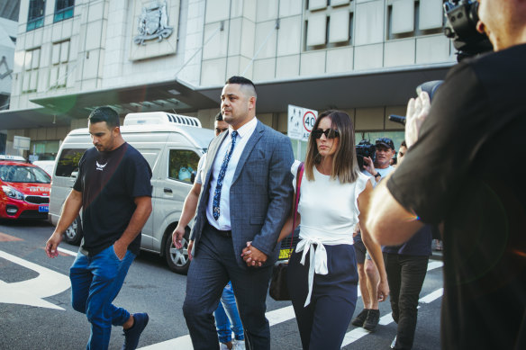 Jarryd Hayne leaving court with his wife Amellia Bonnici this week.