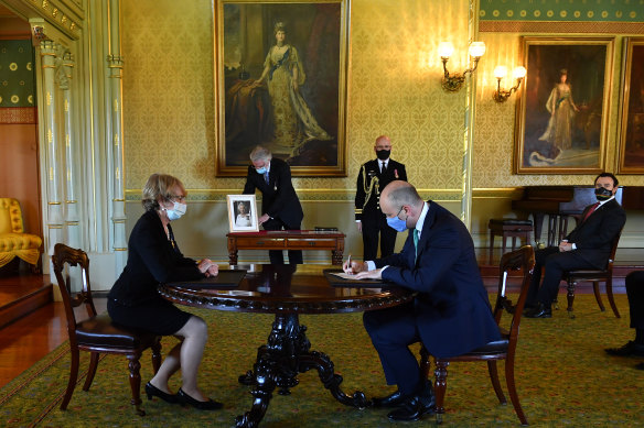 NSW Treasurer Matt Kean is sworn in by NSW Governor Margaret Beazley on Tuesday.