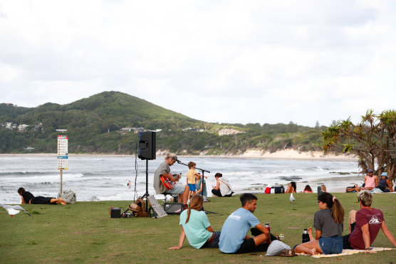 Byron Bay locals on Friday, after the annual Bluesfest was cancelled due to a local coronavirus transmission.