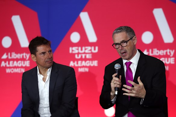 Former A-Leagues commissioner Nick Garcia (left) and executive chairman Stephen Conroy.