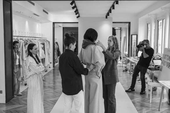 From left: senior design director Therese Rawsthorne, Nicky Zimmermann, stylist Romy Frydman, model Tian Yi, first stylist assistant Daria Di Gennaro, photographer Jonathan Bookallil.  