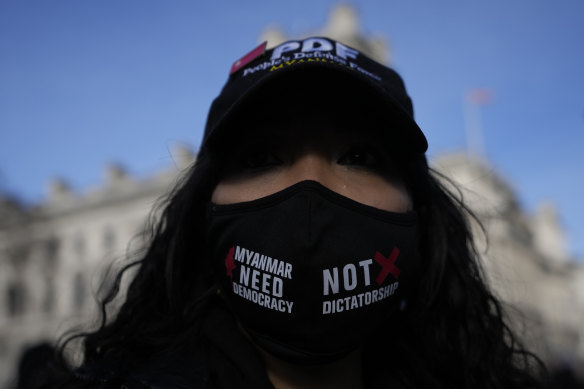 Pro Myanmar democracy protesters in London a year after the military coup.