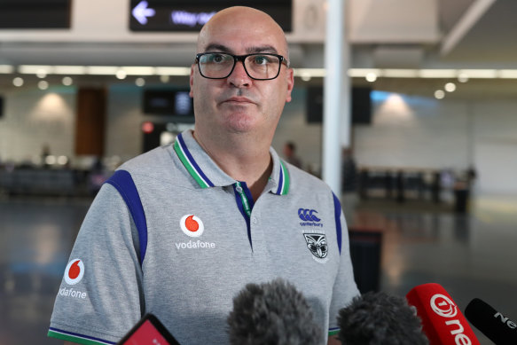 Warriors chief executive Cameron George speaks after arriving back in Auckland.