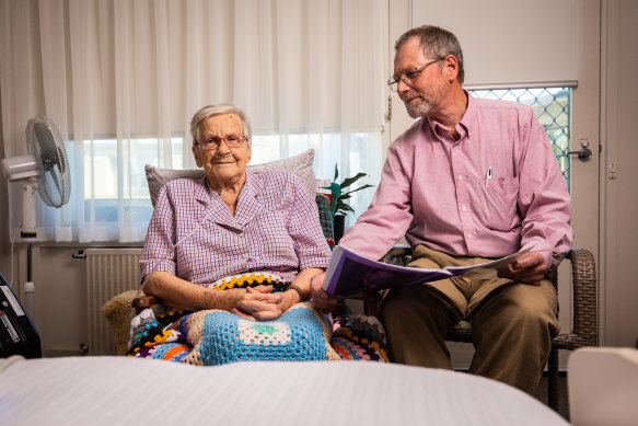 Andreas Makarewitsch, 66, and his mother Anita, 94, at her aged care facility in Geelong North.