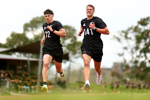 Sam Gayfer and Lewis Houndsome run the two-kilometre time trial at this week’s draft combine.