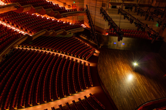 A 'ghost light' keeps vigil in an empty Hamer Hall.