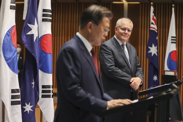 Prime Minister Scott Morrison meets with President of South Korea Moon Jae-in on Monday.