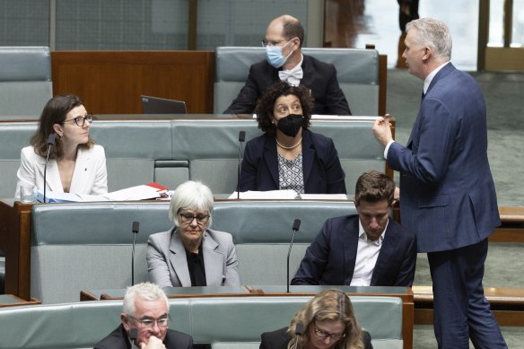 Workplace Relations Minister Tony Burke (right) speaks with members of the crossbench, including Allegra Spender (far left) in parliament on Monday.