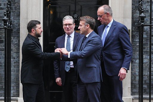 (L-r) Ukrainian President Volodymyr Zelensky, British Prime Minister Keir Starmer, French President Emmanuel Macron and German Chancellor Friedrich Merz following a meeting at Downing Street on December 8.