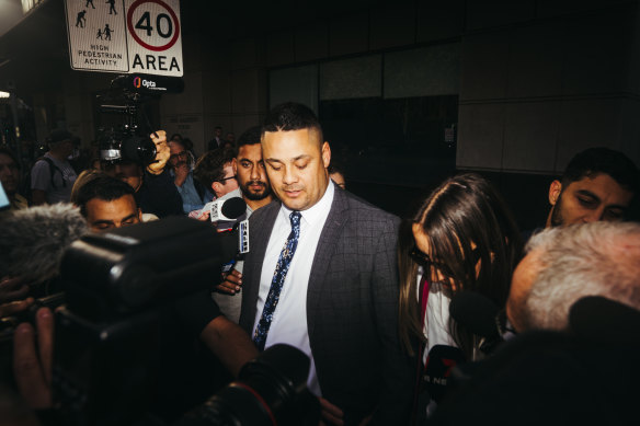 Jarryd Hayne leaving court with his wife Amellia Bonnici on Tuesday.