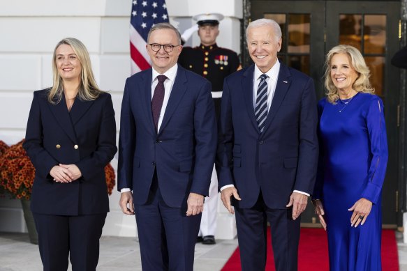 Jodie Haydon and Prime Minister Anthony Albanese pose for a photo with the President of the United States, Joe Biden, and Jill Biden, on their arrival for a private dinner at the White House on Tuesday.