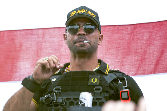 Proud Boys leader Henry “Enrique” Tarrio wears a hat that says The War Boys during a rally in Portland, Oregon in September 2020. 
