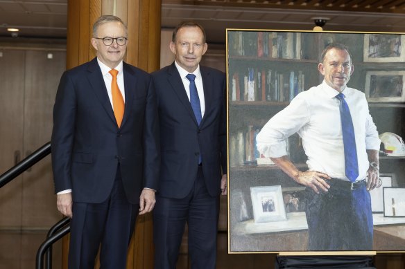 Prime Minister Anthony Albanese and former prime minister Tony Abbott at the unveiling of the latter’s portrait.