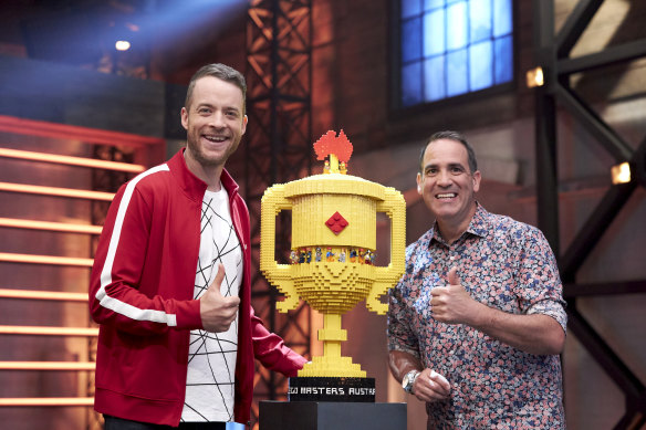 Hamish Blake and Ryan “Brickman” McNaught with the coveted Lego Masters trophy.