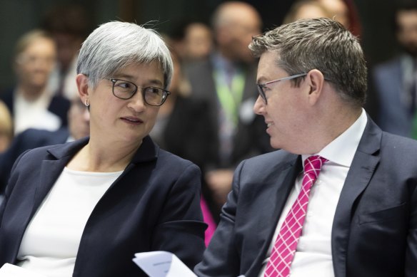Minister for Foreign Affairs Penny Wong and Minister for Defence Industry and Minister for International Development and the Pacific Pat Conroy during an event to launch Australia’s International Development Policy.