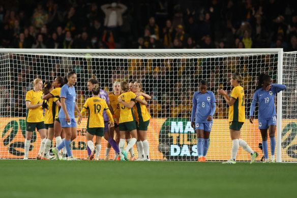 The Matildas celebrate victory during the International Friendly match at Marvel Stadium.