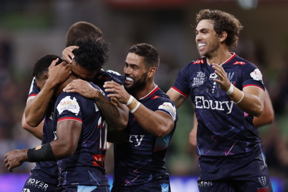 Filipo Daugunu of the Rebels celebrates a try during the round two Super Rugby Pacific match.