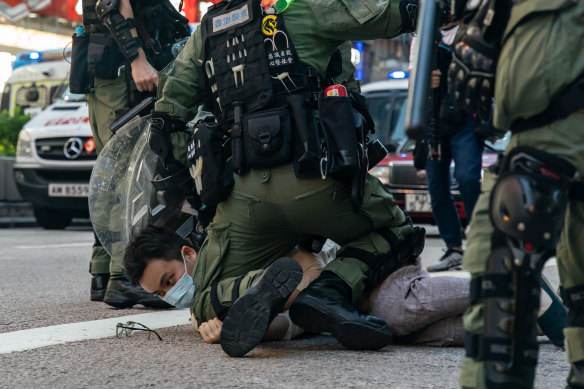A man is arrested during an anti-government protest on September 6, 2020 in Hong Kong. Nearly 300 people were arrested during the protest against the government’s  newly imposed national security law.
