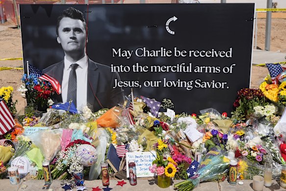 A makeshift memorial is set up at Turning Point USA headquarters after the shooting death of Charlie Kirk.