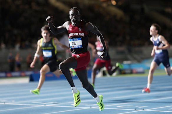 Gout Gout crosses the 100m finish line in under 10 seconds at the national athletics championships in Perth before the time was disallowed because of a tailwind.