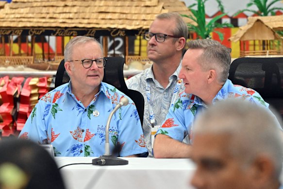 Anthony Albanese and Chris Bowen at the pre-COP in Tuvalu on Tuesday this week.