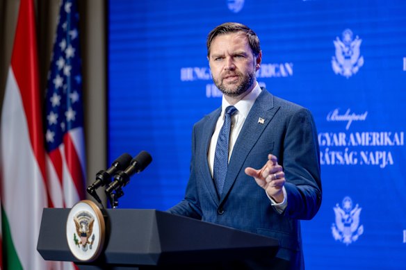 JD Vance speaks to the media in Budapest, Hungary on Tuesday.