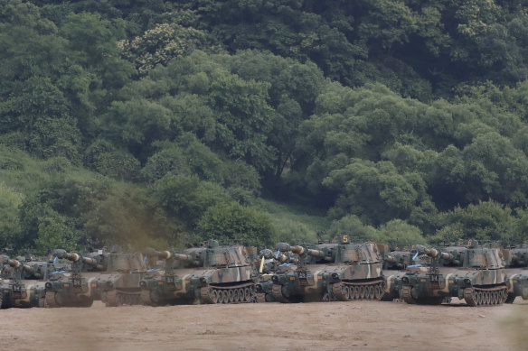 The South Korean army's K-55 self-propelled howitzers at the border on Tuesday.