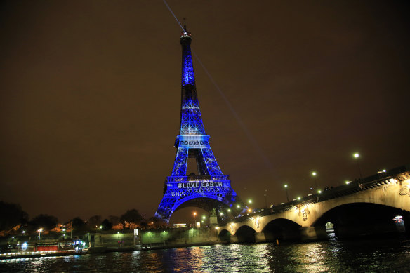 An artwork entitled ‘One Heart One Tree’ by artist Naziha Mestaoui displayed on the Eiffel tower ahead of the 2015 Paris Climate Conference.