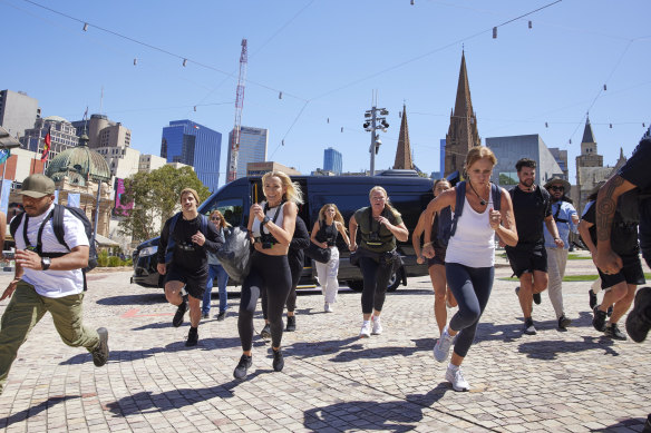 The fugitives make a run at the “drop” at Melbourne’s Federation Square in the first episode of Hunted. 