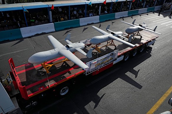 “Shahed-136 B” drones displayed by the Iranian Revolutionary Guard during an annual armed forces parade in 2024.