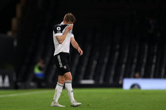 Joachim Andersen looks dejected after defeat as Fulham are relegated.