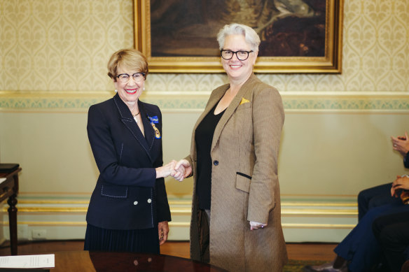 Penny Sharpe, right, is sworn in by Her Excellency the Honourable Margaret Beazley AC KC, Governor of NSW, in April.