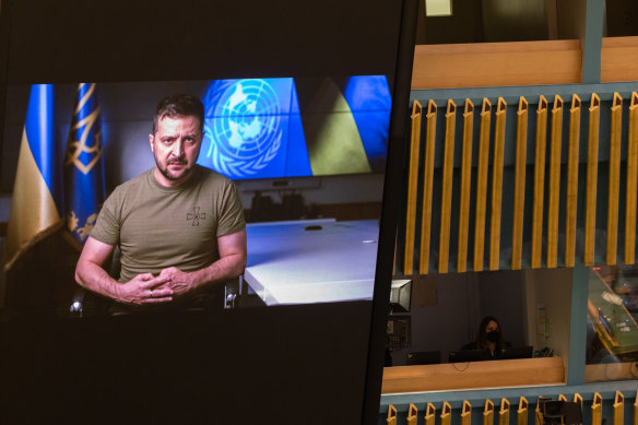 Volodymyr Zelensky, Ukraine’s president, on a monitor during the United Nations General Assembly in New York last month.
