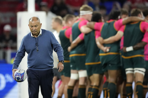 Eddie Jones with the Wallabies in Lyon ahead before the loss to Wales.