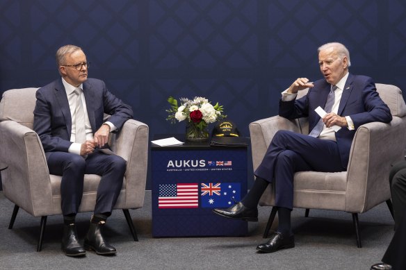 Prime Minister Anthony Albanese and US President Joe Biden at a naval base in San Diego in March.