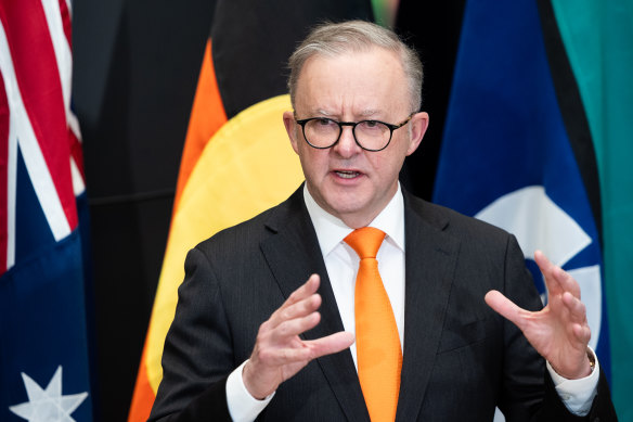 Prime Minister Anthony Albanese addresses the media at a press conference in the Australian embassy during his official visit to the USA.