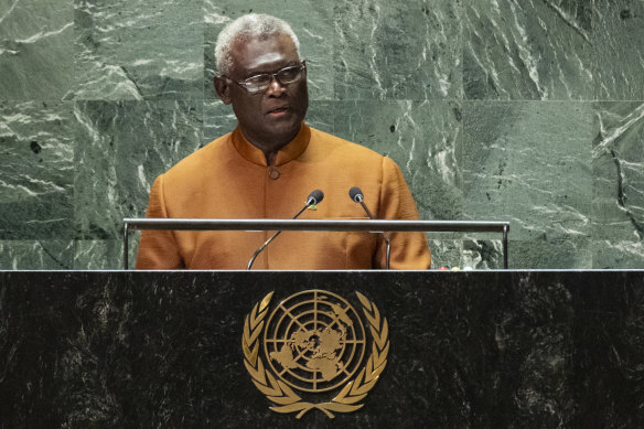 Prime Minister of Solomon Islands Manasseh Damukana Sogavare addresses the UN General Assembly last week.
