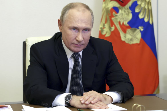 Russian President Vladimir Putin chairs a Security Council meeting via videoconference on Wednesday.