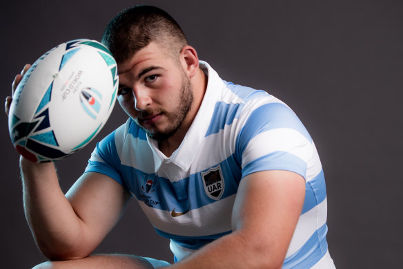 Enrique Pieretto posing in his Argentinian kit at the 2019 Rugby World Cup.