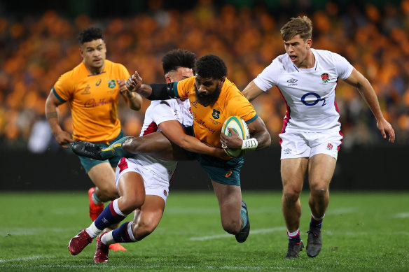 Marika Koroibete is tackled during the third Test against England at the SCG.