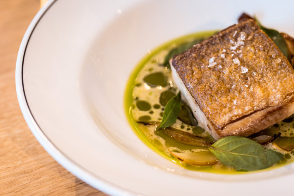 Kingfish with a sauce made from ingredients such as river mint, lemon verbena and anise myrtle.