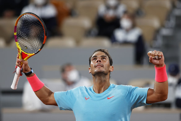 Rafael Nadal of Spain celebrates after defeating Stefano Travaglia to reach the fourth round.