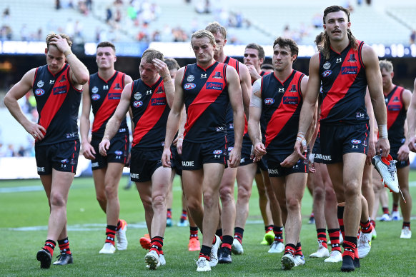 The Bombers leave the field dejected after losing to the Cats.