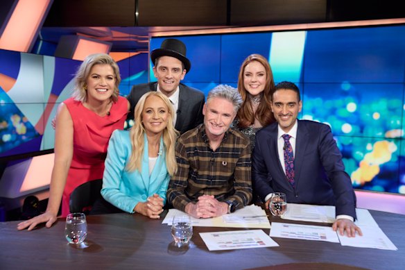 Sarah Harris (left), Carrie Bickmore, Sam Taunton, Dave Hughes, Georgie Tunny and Waleed Aly farewell The Project on Friday night.