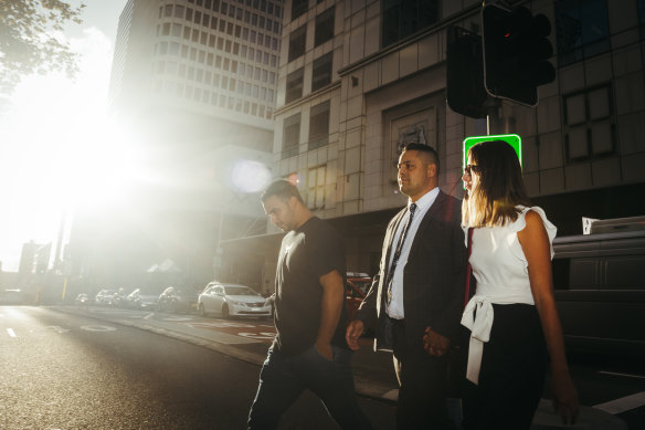 Jarryd Hayne leaving court with his wife Amellia Bonnici after being found guilty of sexually assaulting a woman in 2018.