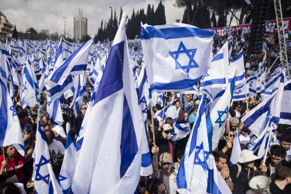 Thousands of Israelis attended a rally on Monday against the government’s judicial overhaul.