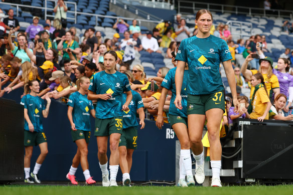 The Matildas ran out for warmups in Geelong on Saturday night.