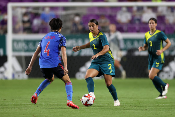 Sam Kerr on the attack in a match against Japan earlier this month.